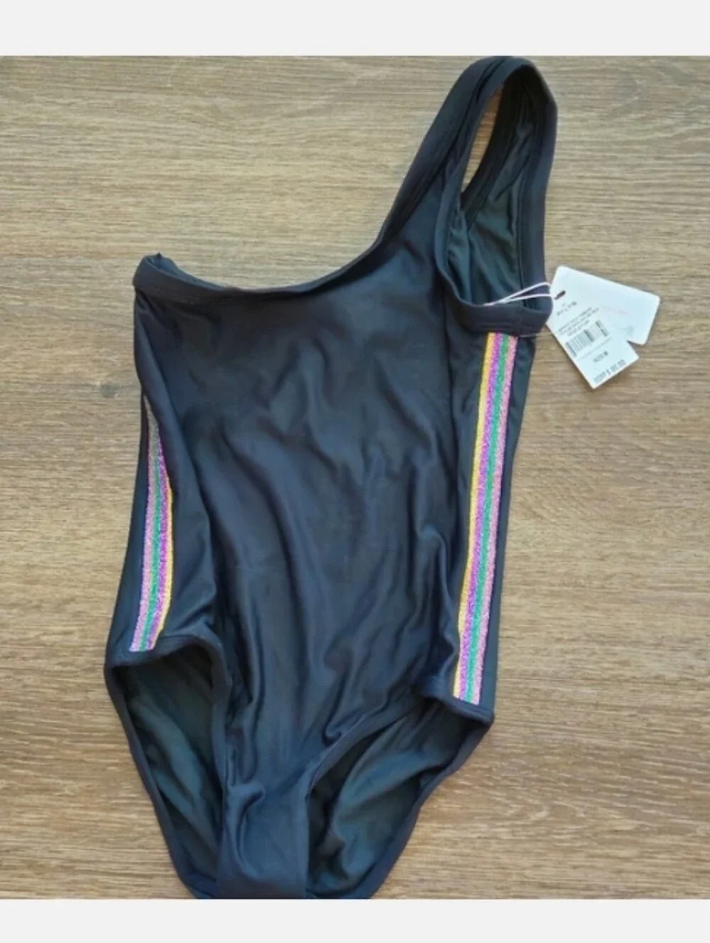 PilyQ Black w/ Rainbow Metallic Stripe One Shoulder One-Piece Girl's Size 6